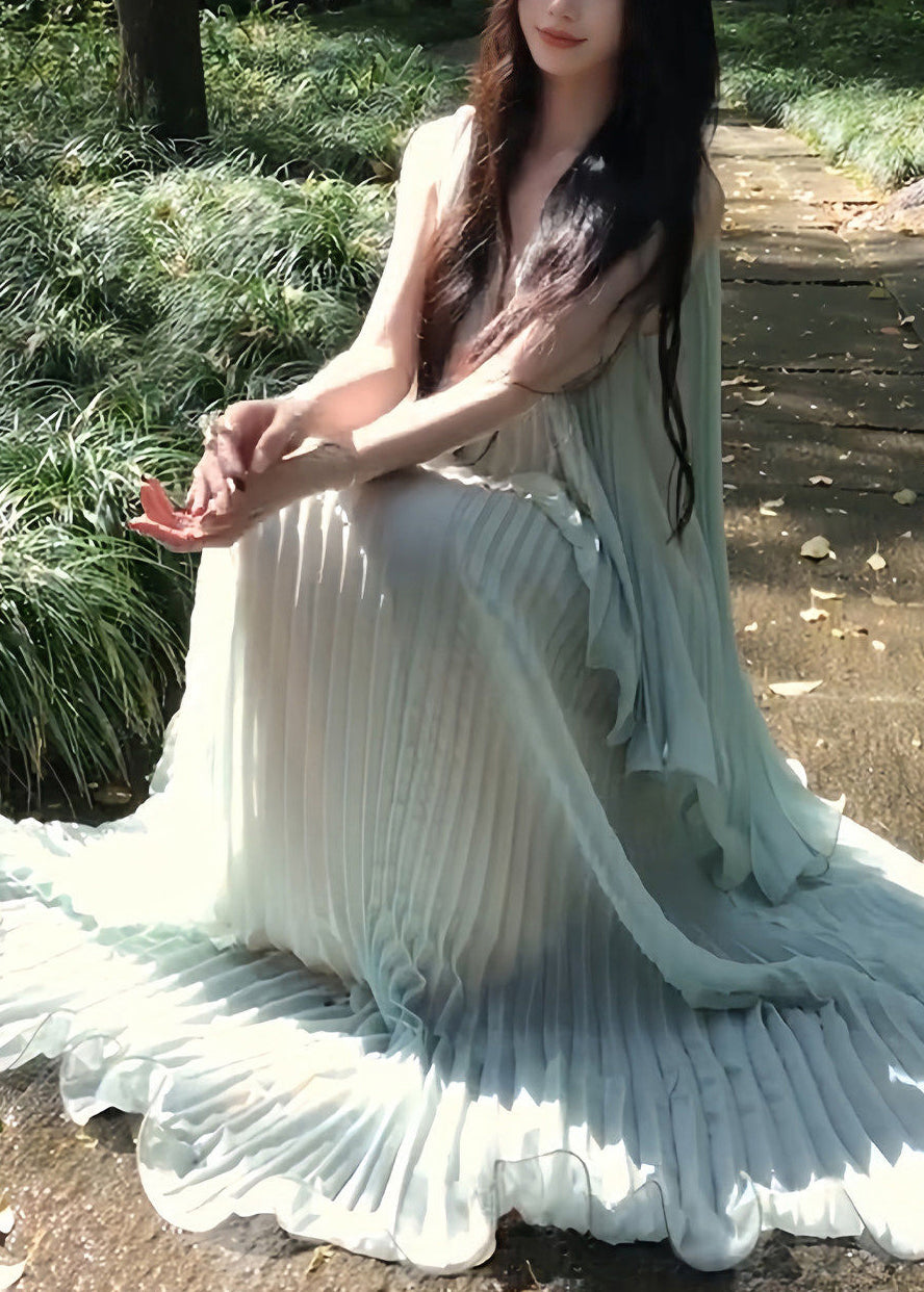 Italian Light Blue Oversized Draping Chiffon Pleated Dresses Summer