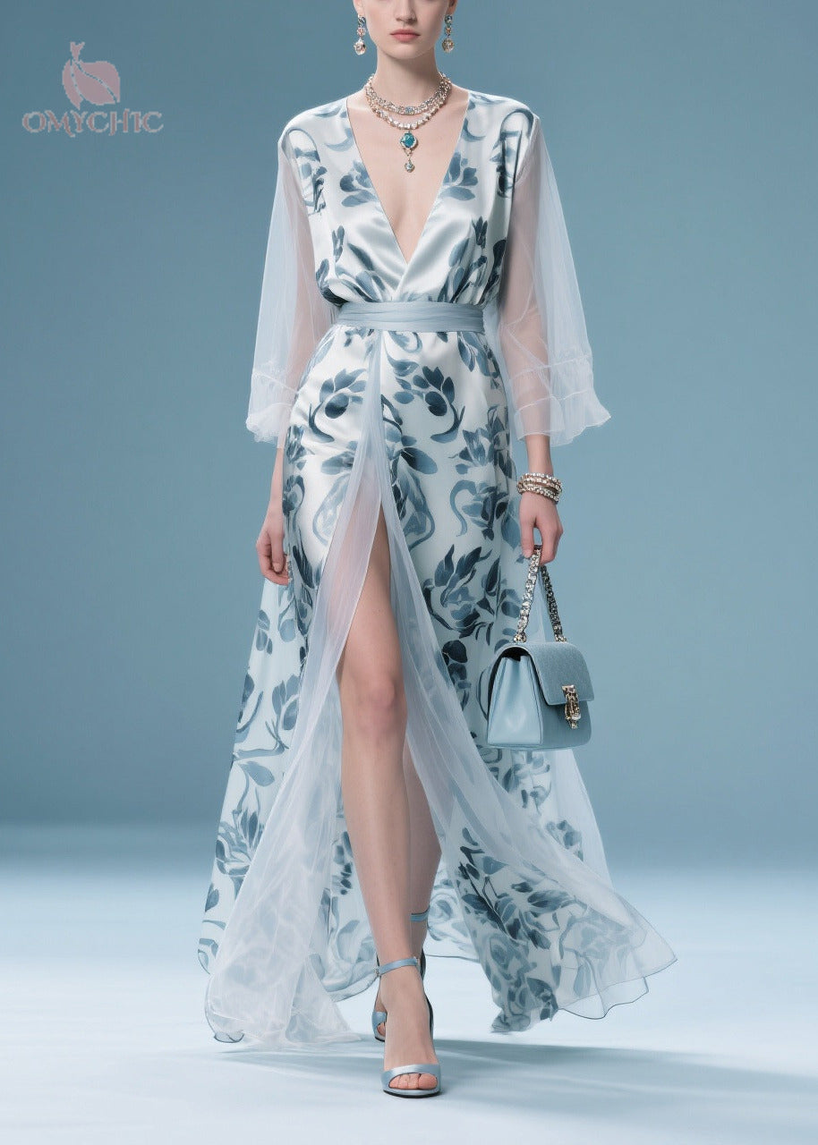 Italian Light Blue Print Patchwork Tulle Maxi Dress Summer