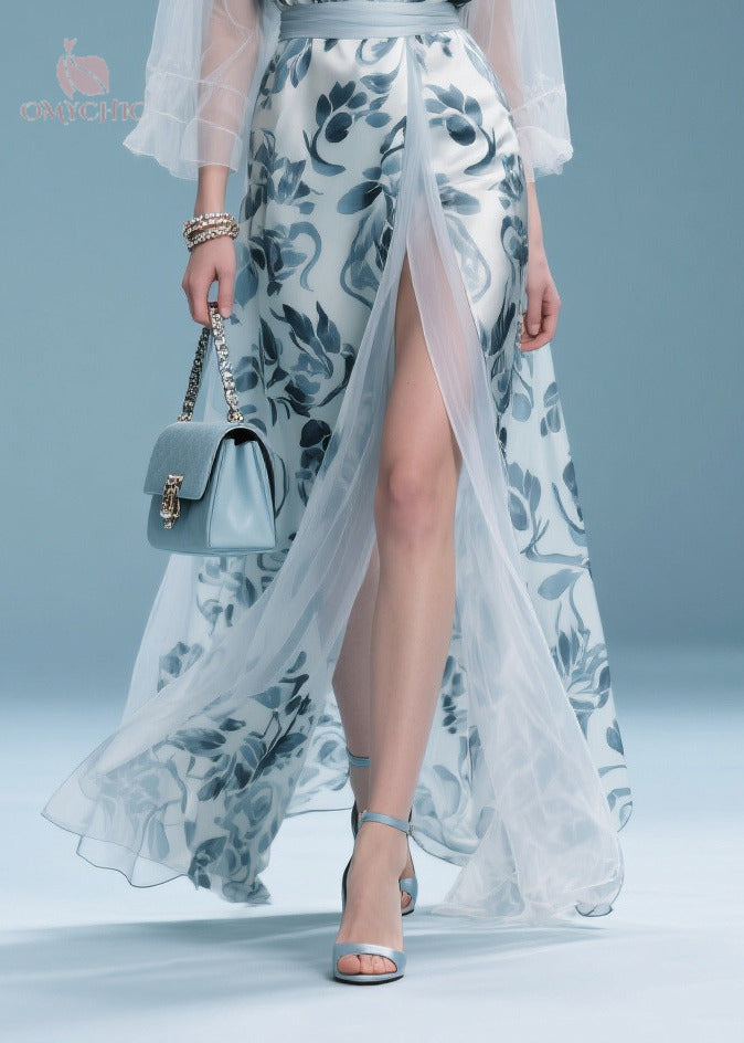 Italian Light Blue Print Patchwork Tulle Maxi Dress Summer