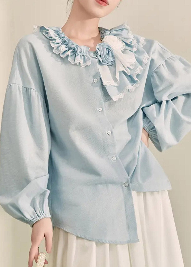 Italian Light Blue Ruffled Patchwork Button Top Fall