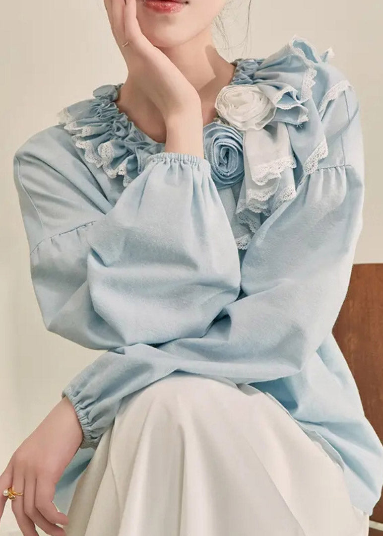 Italian Light Blue Ruffled Patchwork Button Top Fall