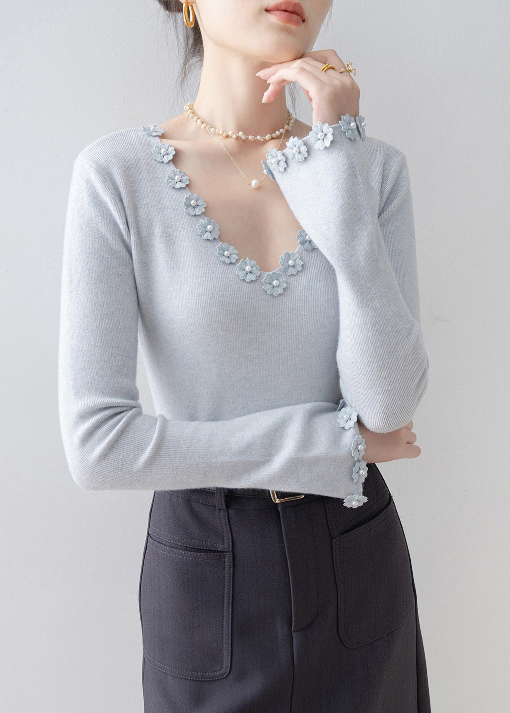 Italian Light Blue V Neck Floral Knit Sweater Flare Sleeve