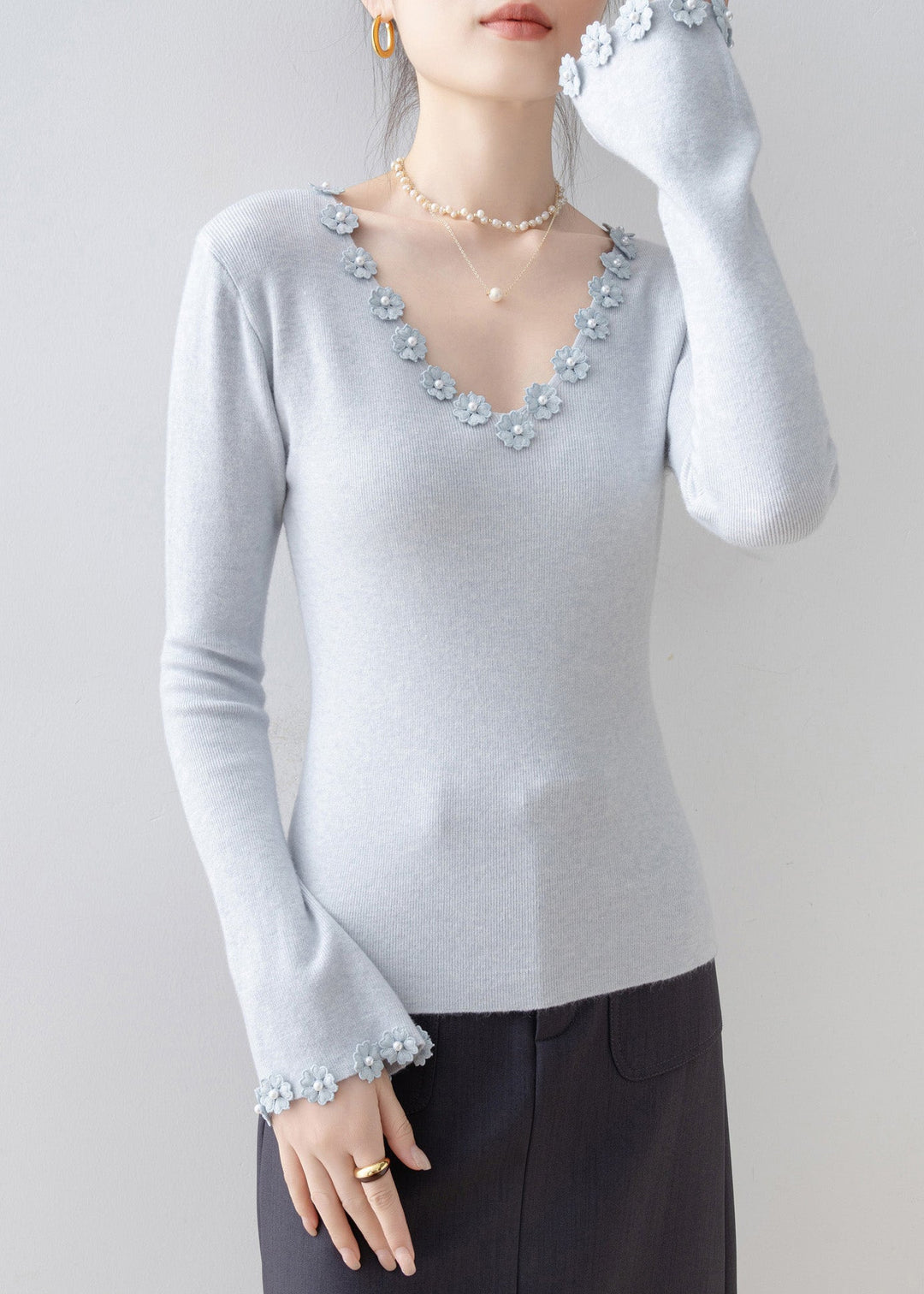 Italian Light Blue V Neck Floral Knit Sweater Flare Sleeve