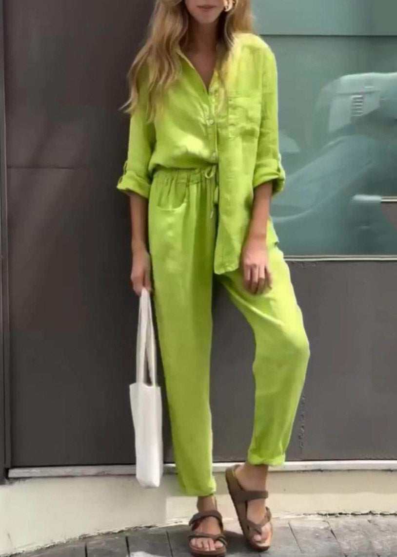 Italian Light Green Peter Pan Collar Patchwork Shirts And Crop Pants Two Pieces Set Fall