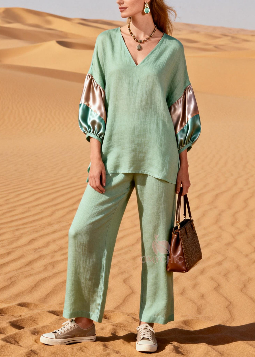 Italian Light Green V Neck Patchwork Cotton Two Pieces Set Summer