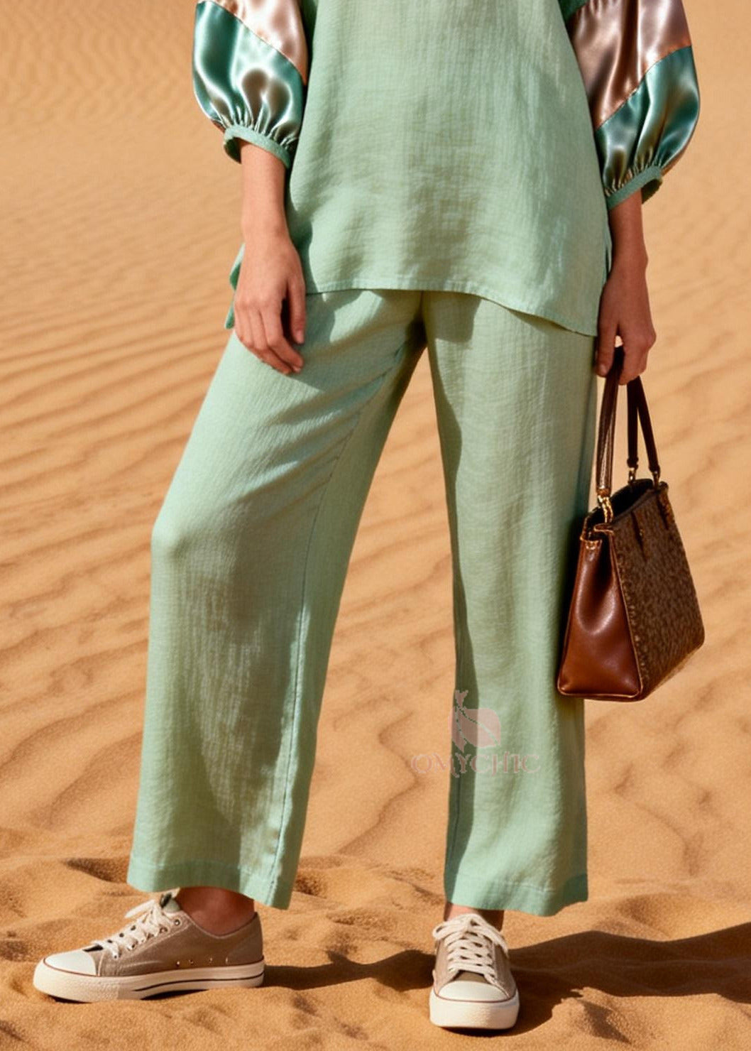 Italian Light Green V Neck Patchwork Cotton Two Pieces Set Summer