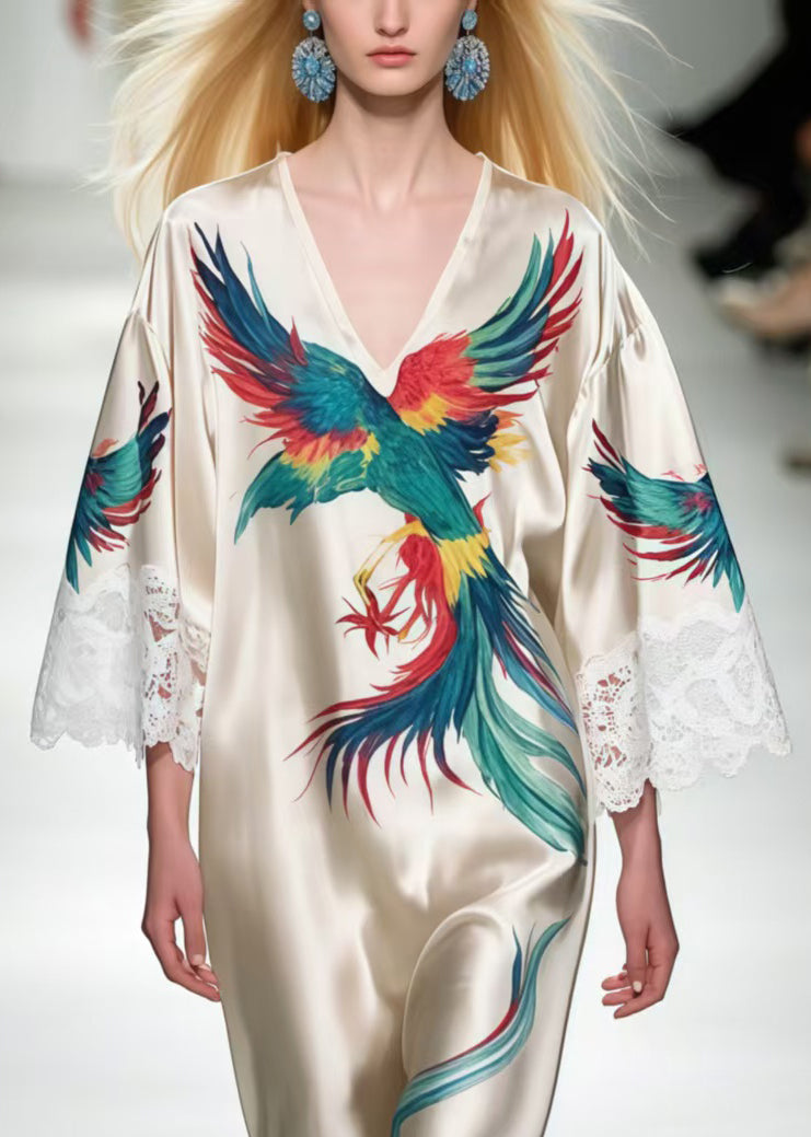 Italian Milk White Oversized Patchwork Lace Phoenix Print Dress Summer