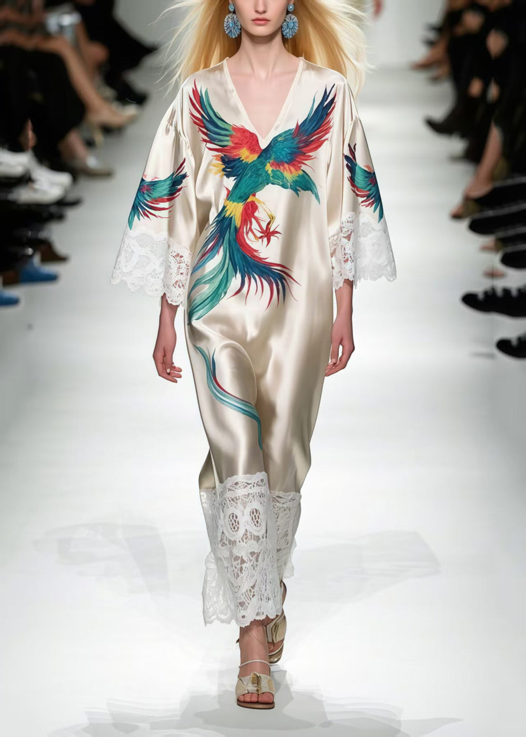 Italian Milk White Oversized Patchwork Lace Phoenix Print Dress Summer