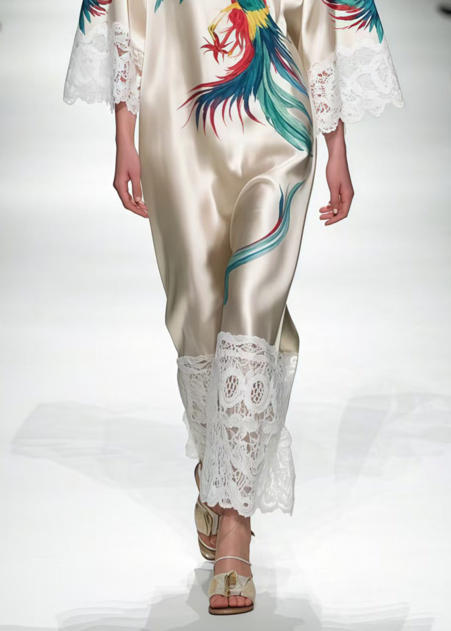 Italian Milk White Oversized Patchwork Lace Phoenix Print Dress Summer