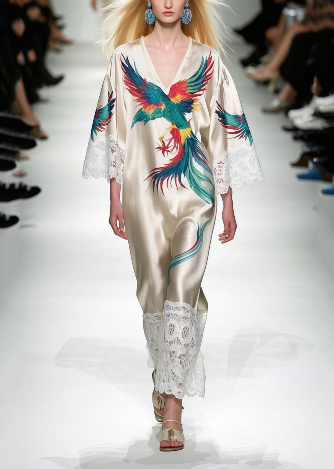 Italian Milk White Oversized Patchwork Lace Phoenix Print Dress Summer