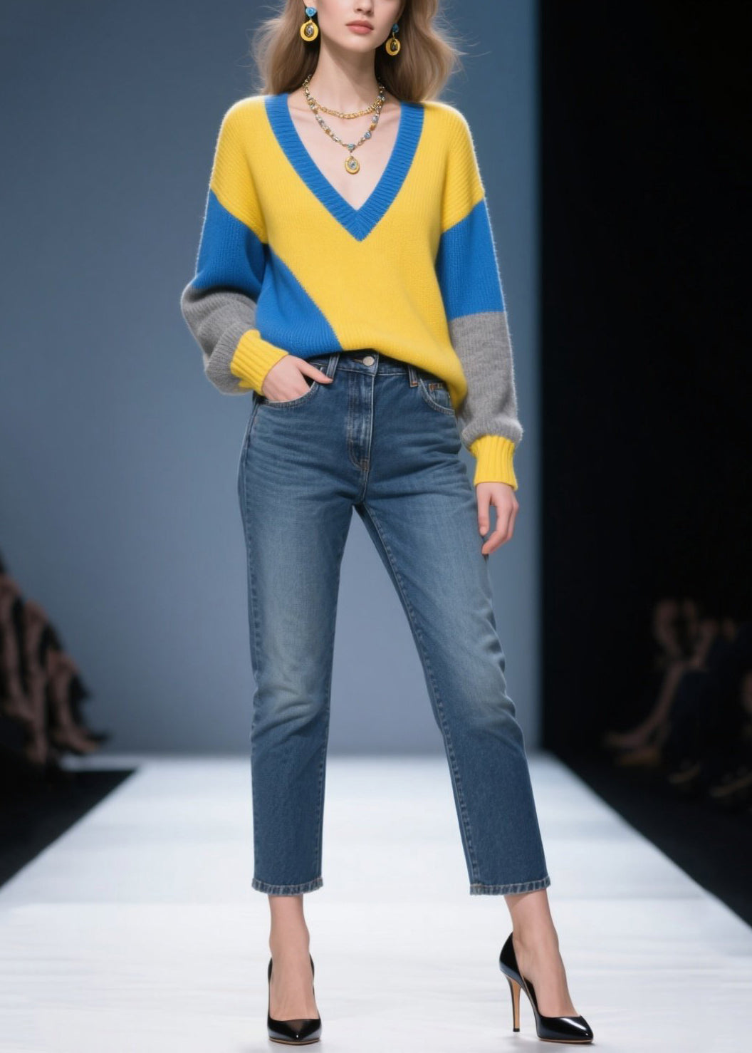 Italian Mixed Color Asymmetrical Design Warm Sweaters Winter