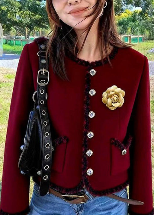 Italian Mulberry O Neck Pockets Floral Cotton Short Coat Spring