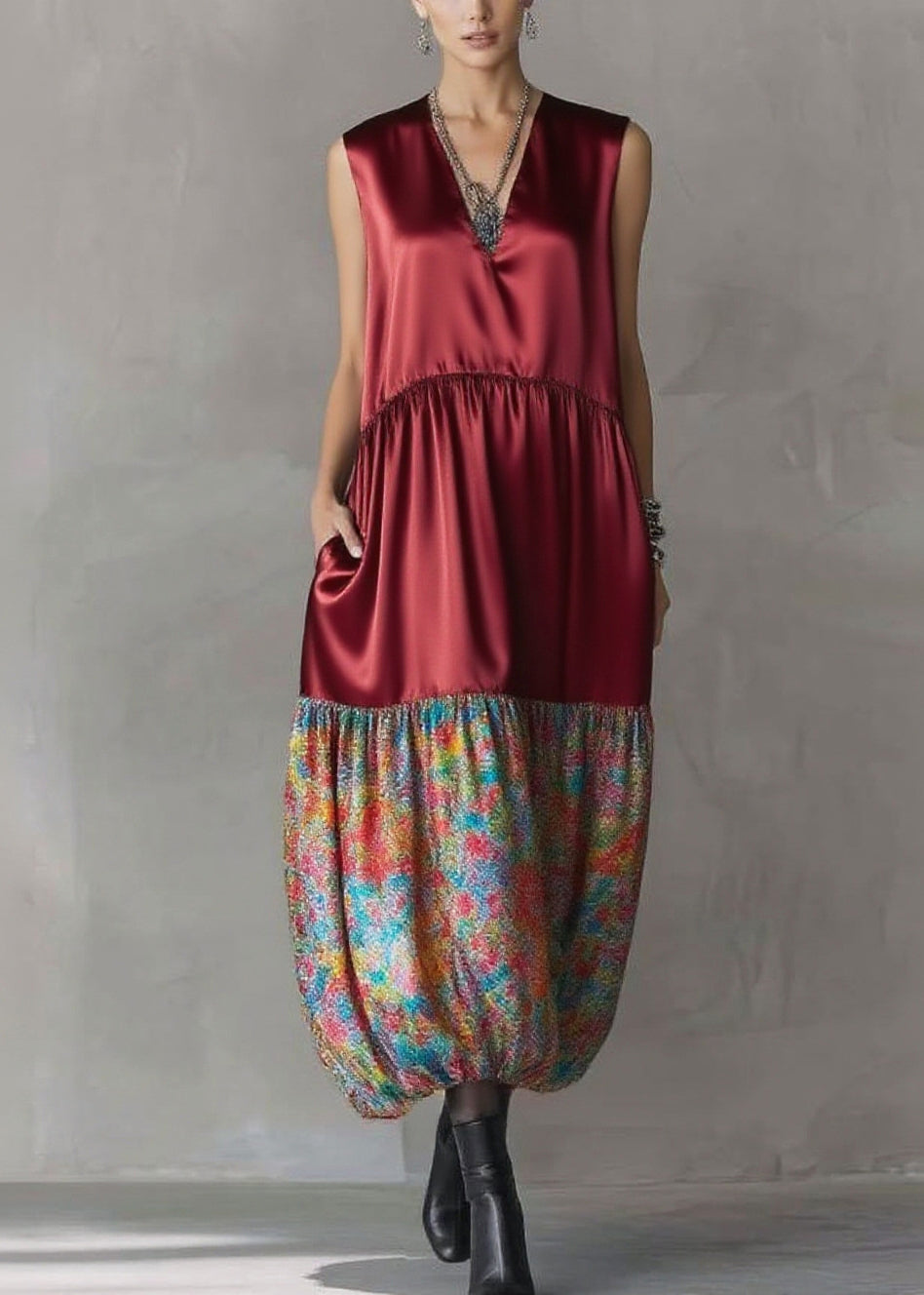 Italian Mulberry Oversized Patchwork Print Silk Long Dresses Sleeveless