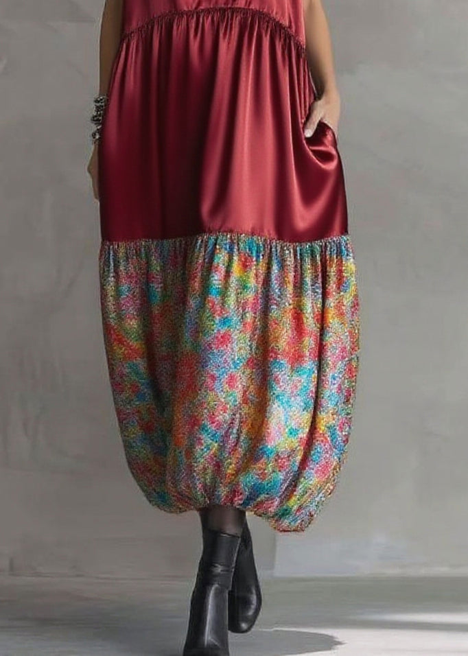 Italian Mulberry Oversized Patchwork Print Silk Long Dresses Sleeveless