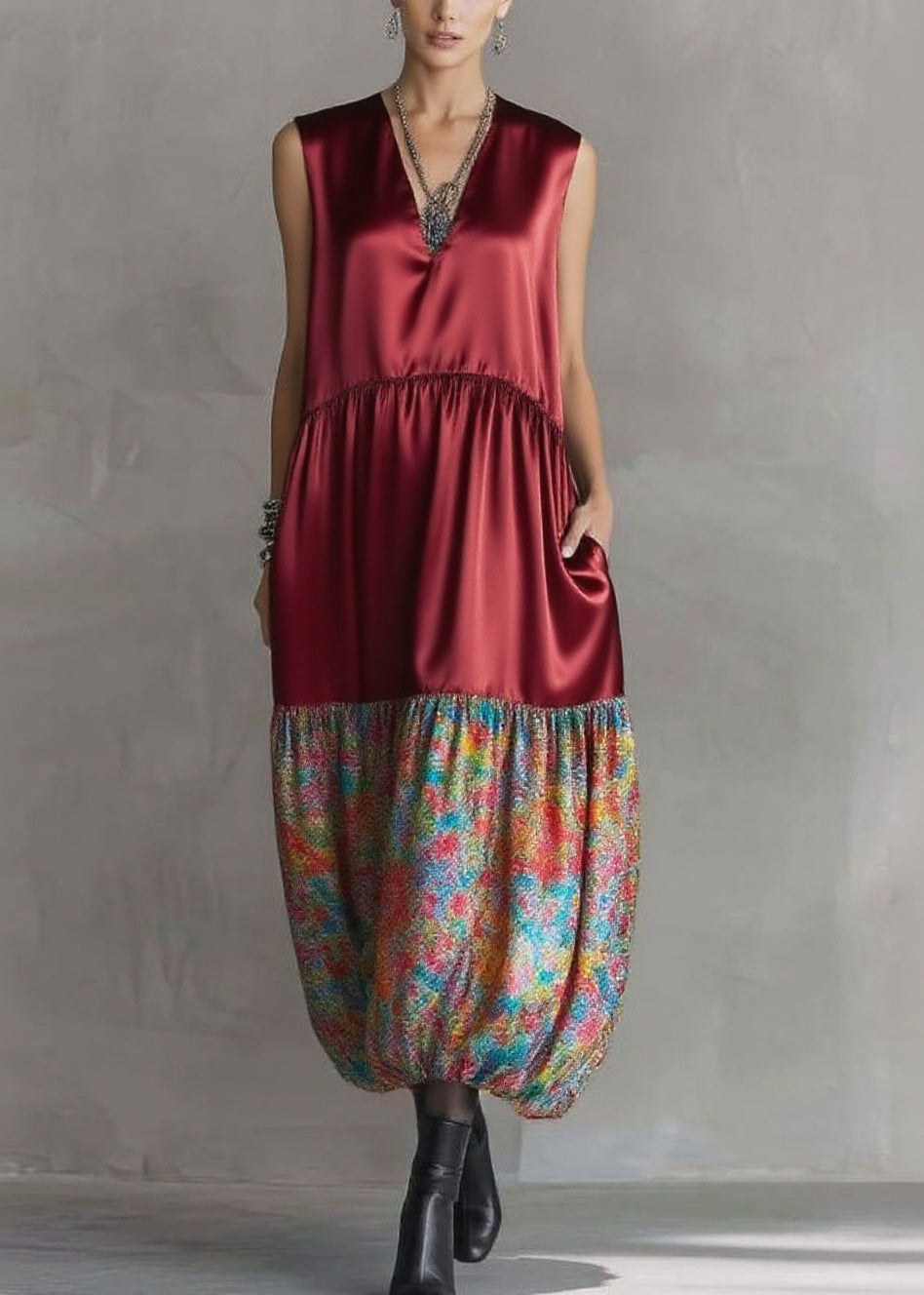 Italian Mulberry Oversized Patchwork Print Silk Long Dresses Sleeveless