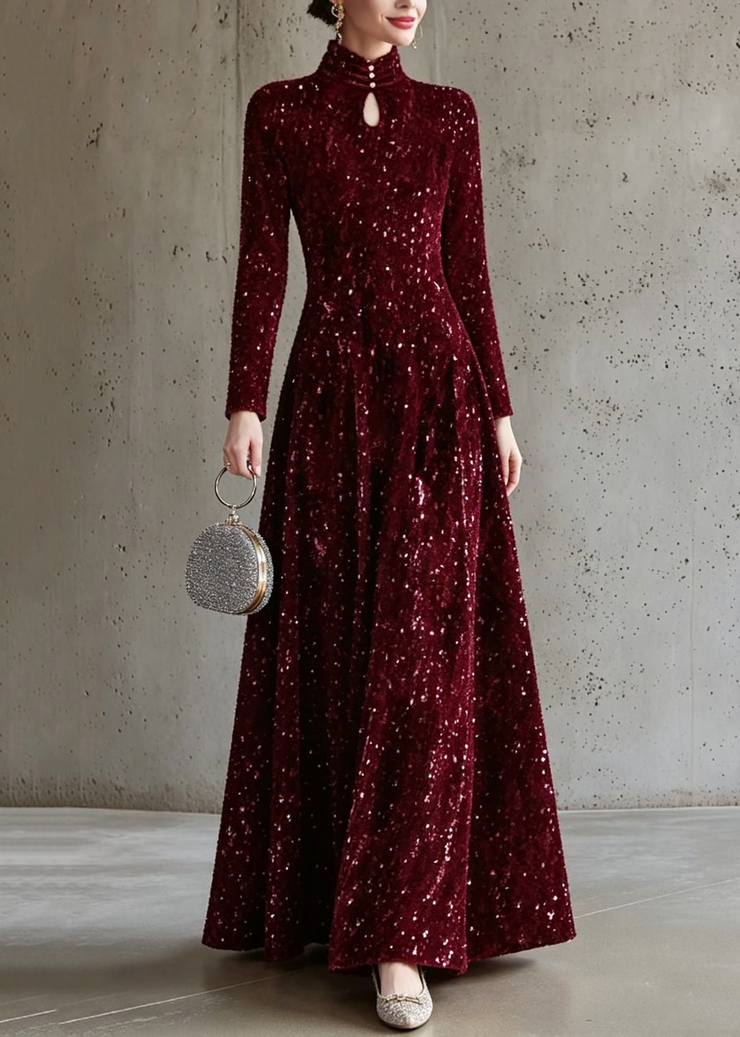 Italian Mulberry Stand Collar Sequins Maxi Dress Long Sleeve