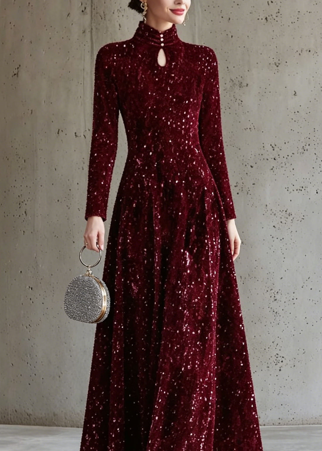 Italian Mulberry Stand Collar Sequins Maxi Dress Long Sleeve