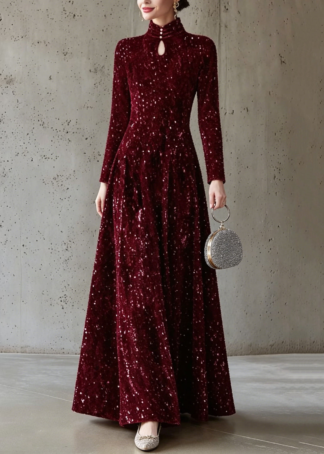 Italian Mulberry Stand Collar Sequins Maxi Dress Long Sleeve