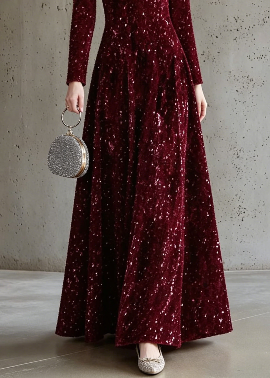 Italian Mulberry Stand Collar Sequins Maxi Dress Long Sleeve
