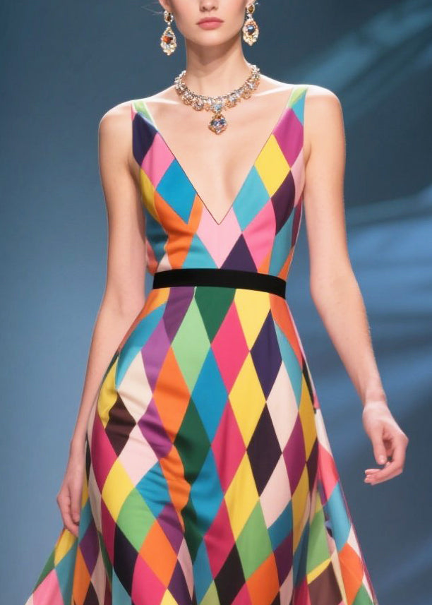 Italian Multicolour Plaid Patchwork Flower Chiffon Sundress Summer