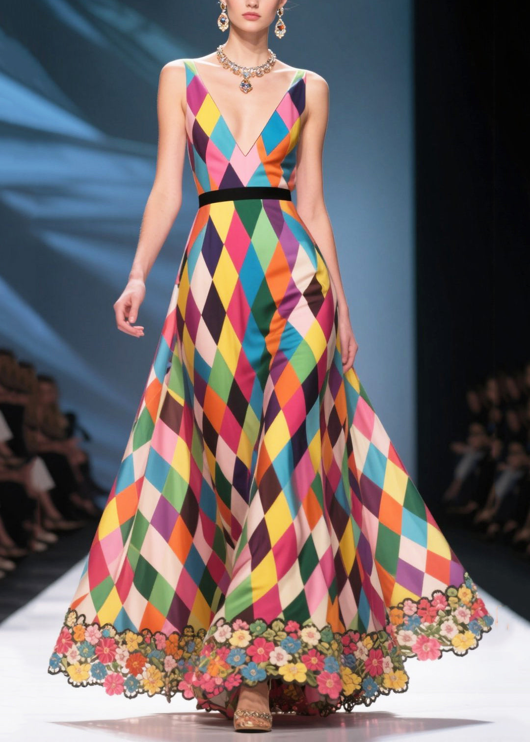 Italian Multicolour Plaid Patchwork Flower Chiffon Sundress Summer