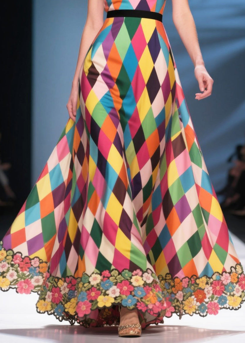 Italian Multicolour Plaid Patchwork Flower Chiffon Sundress Summer