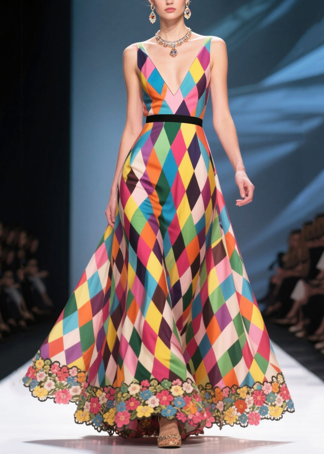 Italian Multicolour Plaid Patchwork Flower Chiffon Sundress Summer
