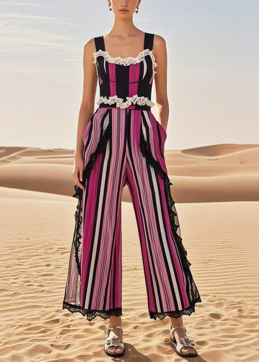 Italian Multicolour Striped Patchwork Lace Jumpsuits Summer