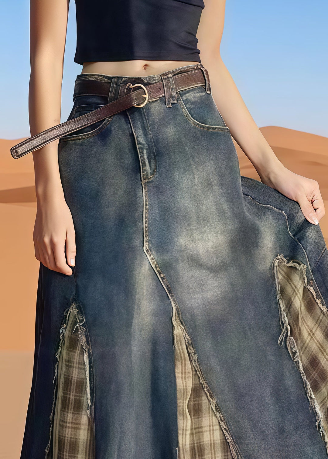 Italian Navy Asymmetrical Patchwork Denim Skirts Summer