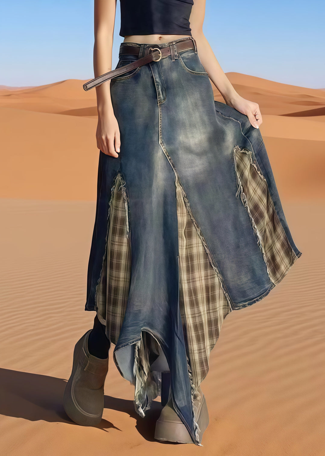 Italian Navy Asymmetrical Patchwork Denim Skirts Summer