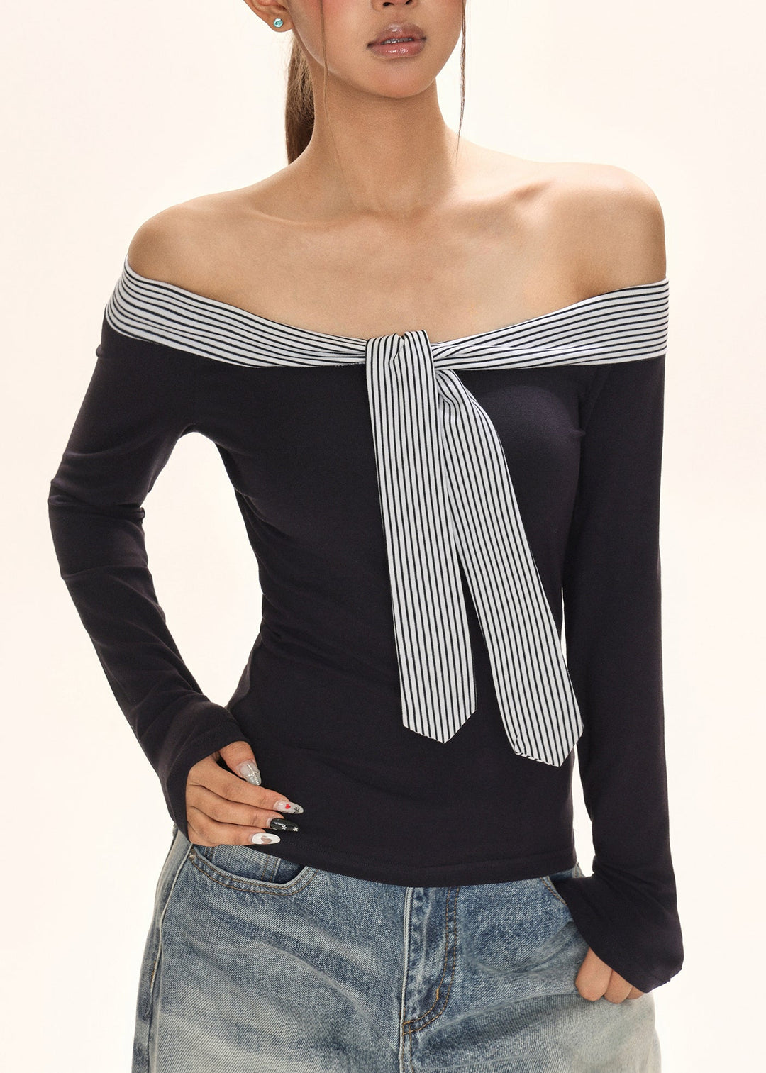 Italian Navy Blue Cold Shoulder Tie Lace T Shirt Fall