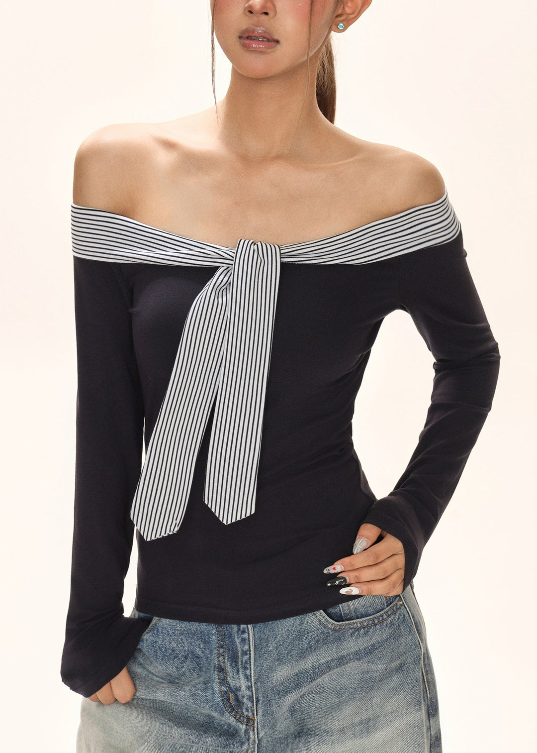 Italian Navy Blue Cold Shoulder Tie Lace T Shirt Fall