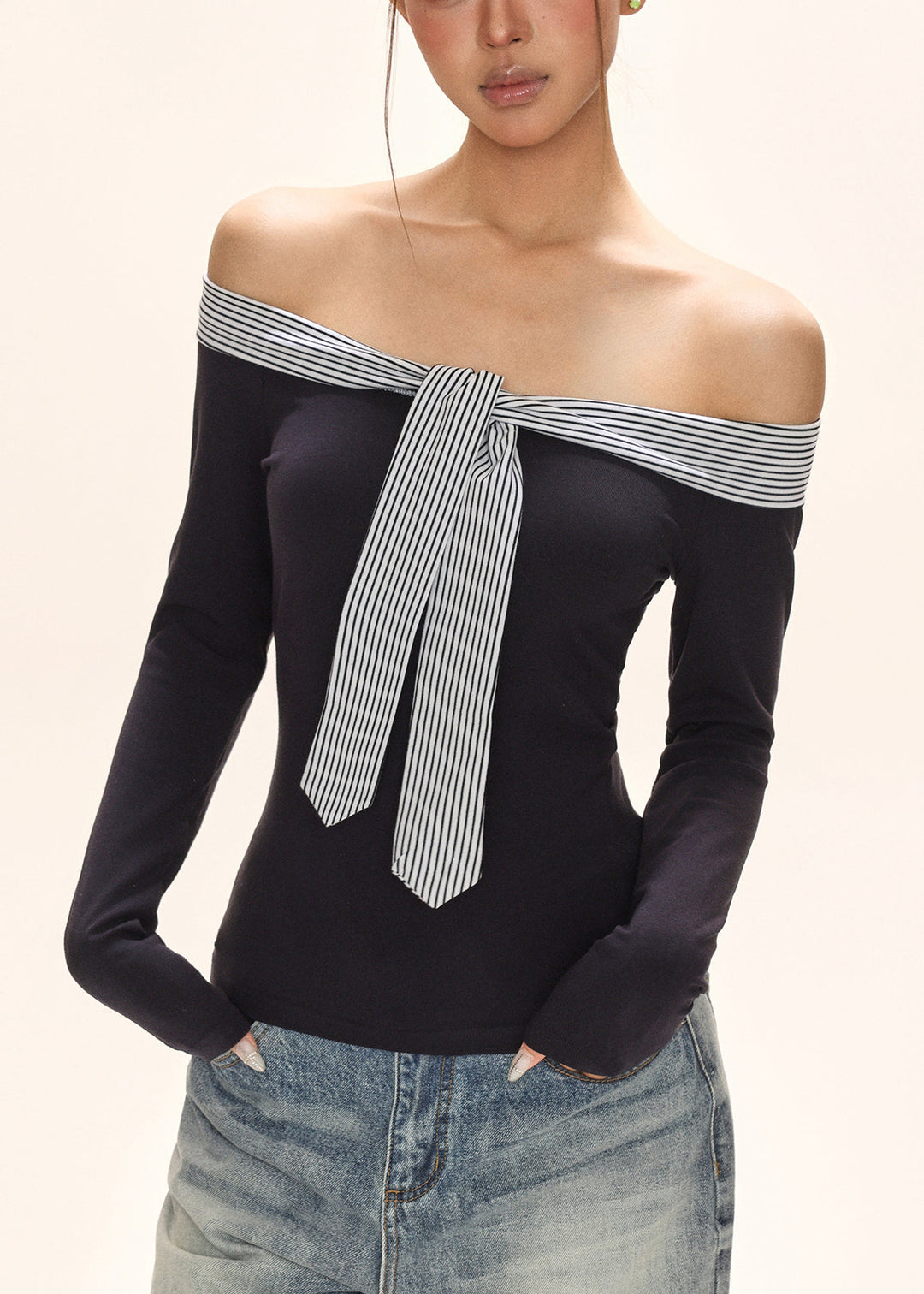 Italian Navy Blue Cold Shoulder Tie Lace T Shirt Fall