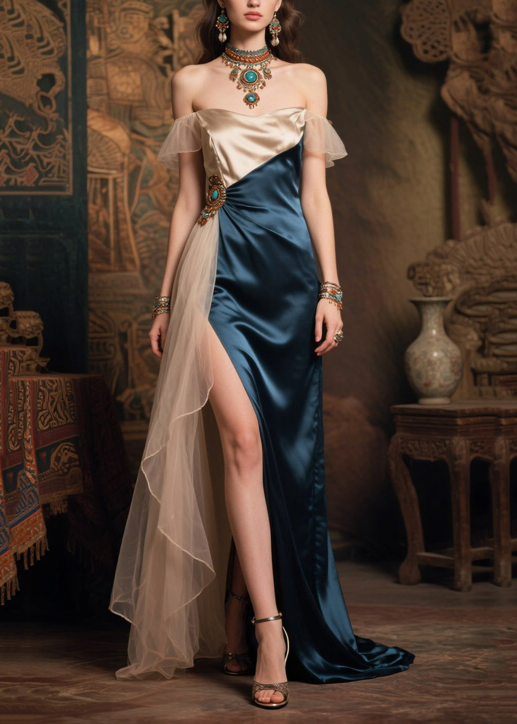 Italian Navy Cold Shoulder Patchwork Silk Party Dress Summer