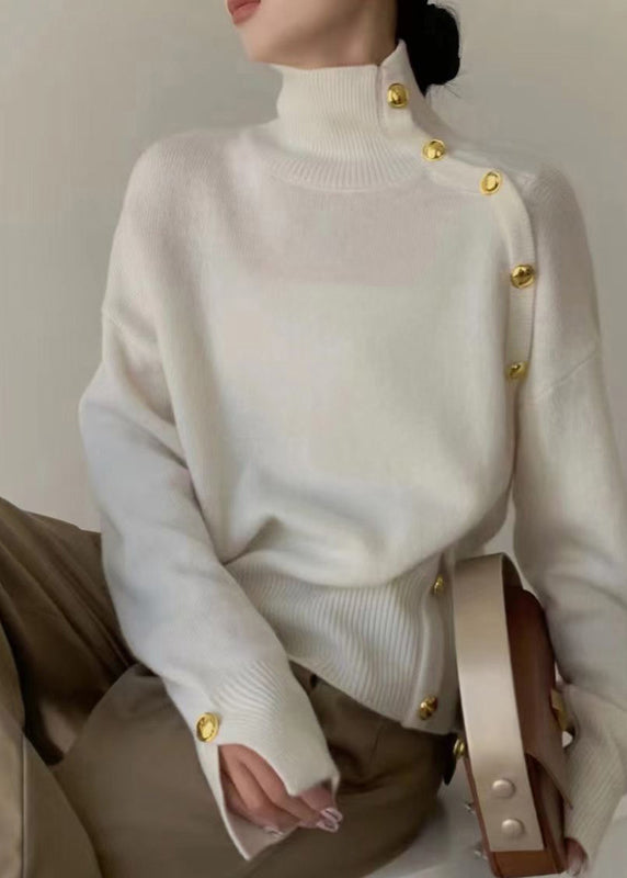 Italian Navy High Neck Golden Button Knit Sweater Winter