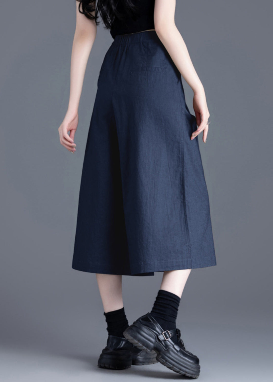 Italian Navy High Waist Linen Crop Pants Skirts Summer