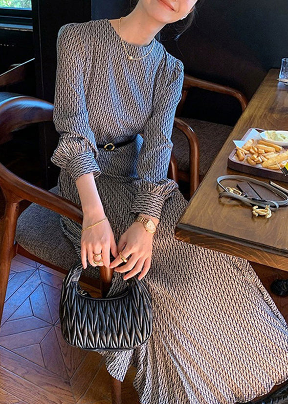 Italian Navy O-Neck Print High Waist Cotton Long Dresses Fall