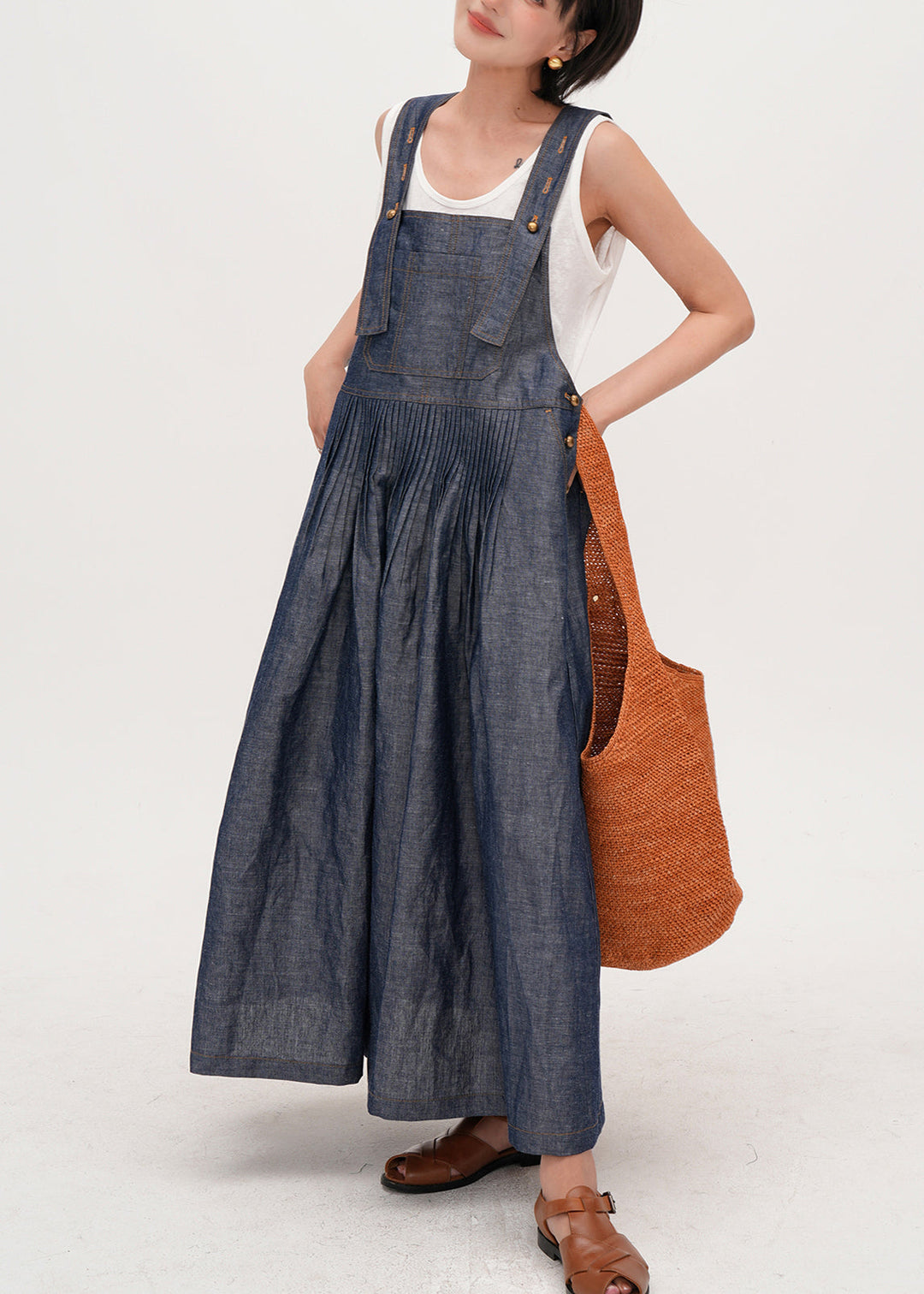 Italian Navy Oversized Wrinkled Denim Cami Dresses Summer