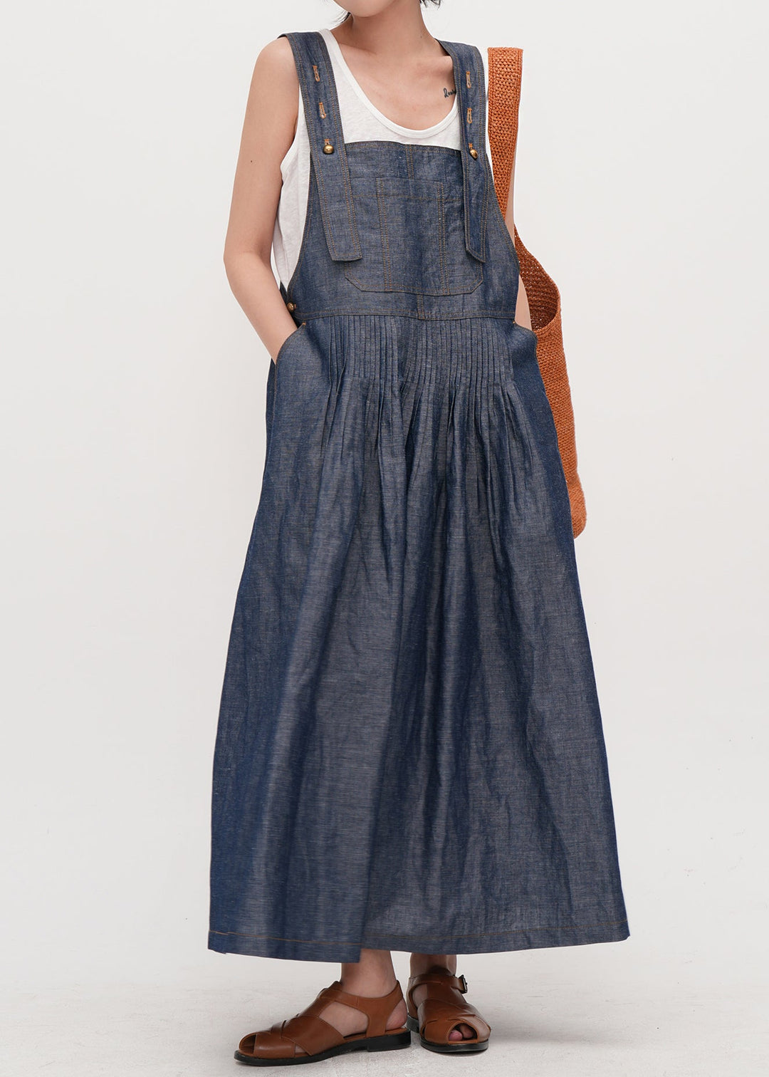 Italian Navy Oversized Wrinkled Denim Cami Dresses Summer