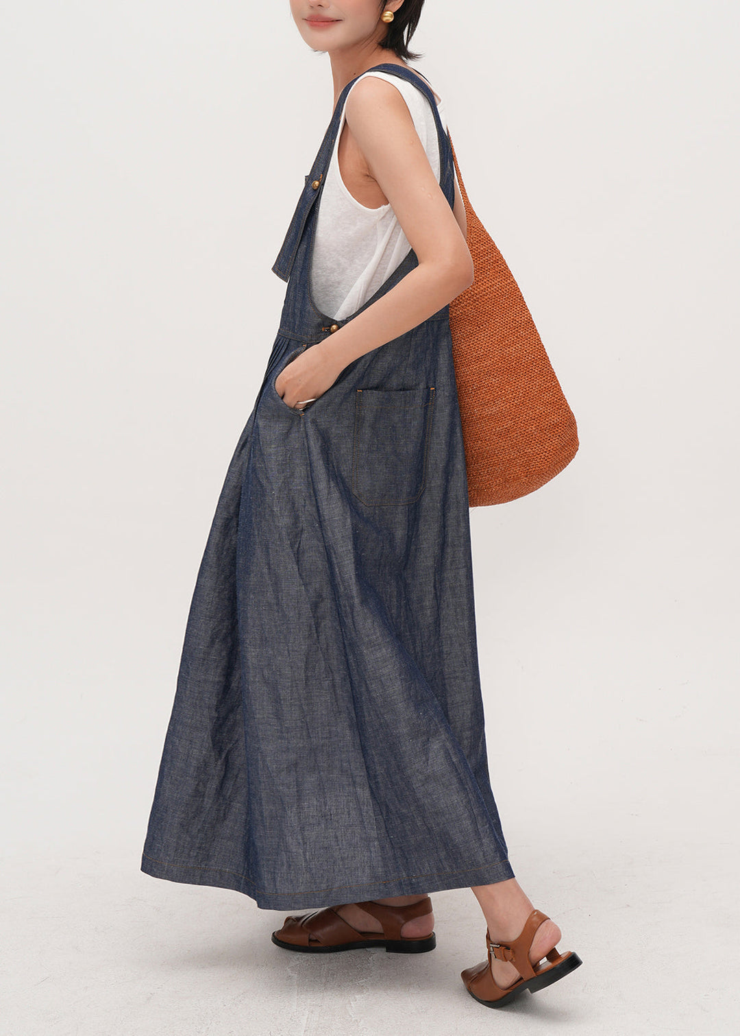 Italian Navy Oversized Wrinkled Denim Cami Dresses Summer