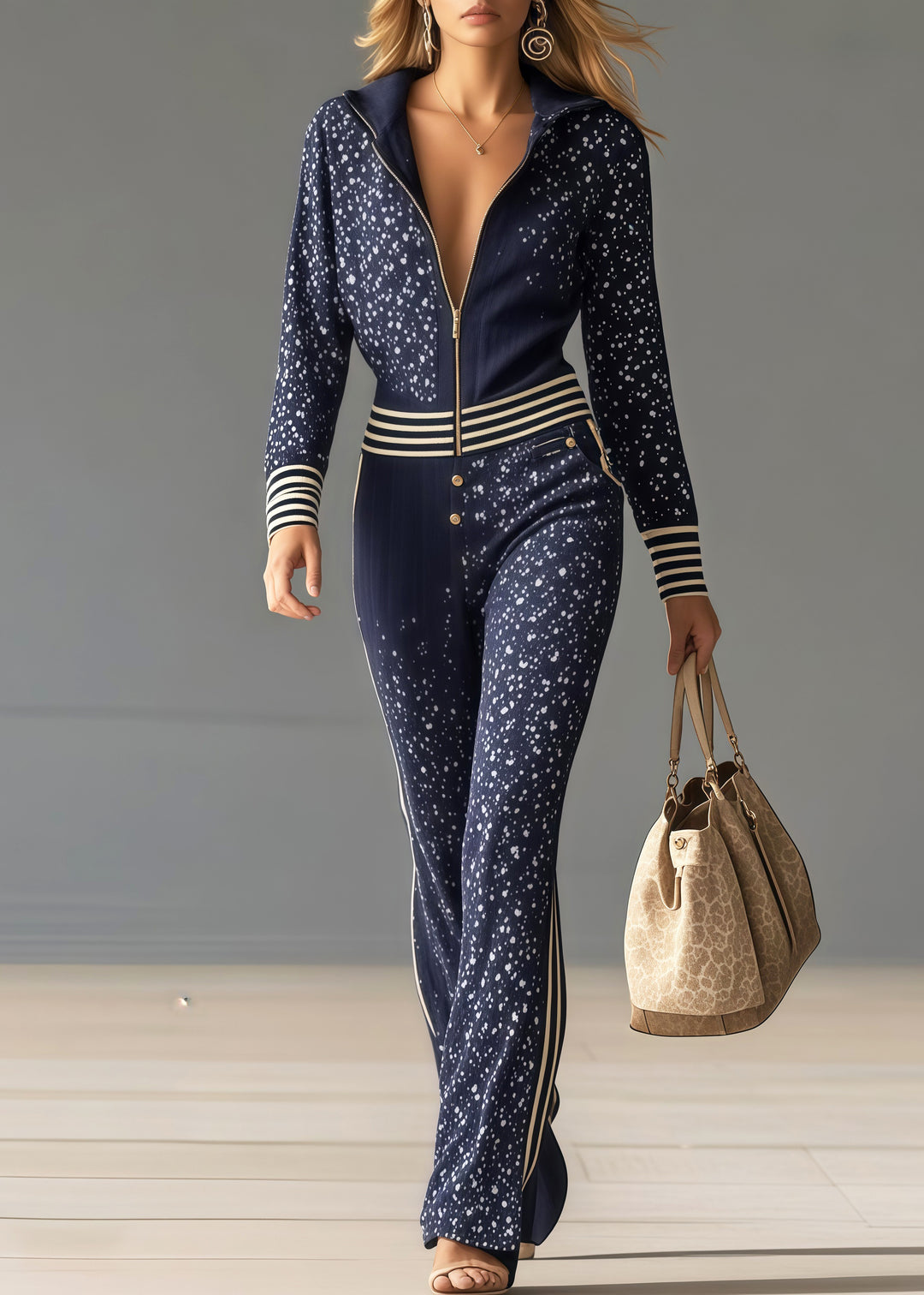 Italian Navy Print Patchwork Striped Chiffon Jumpsuit Spring