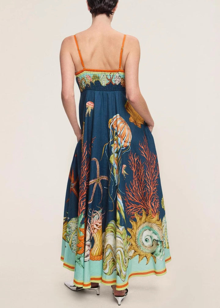 Italian Navy Print Pockets Linen Spaghetti Strap Dress Sleeveless