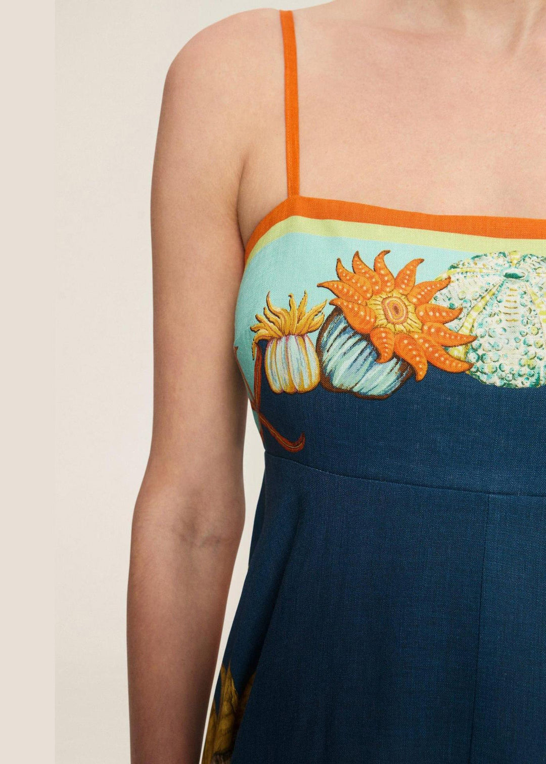 Italian Navy Print Pockets Linen Spaghetti Strap Dress Sleeveless