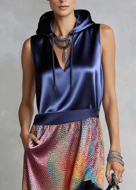 Italian Navy Ruffled Patchwork Print Silk Robe Dresses Sleeveless