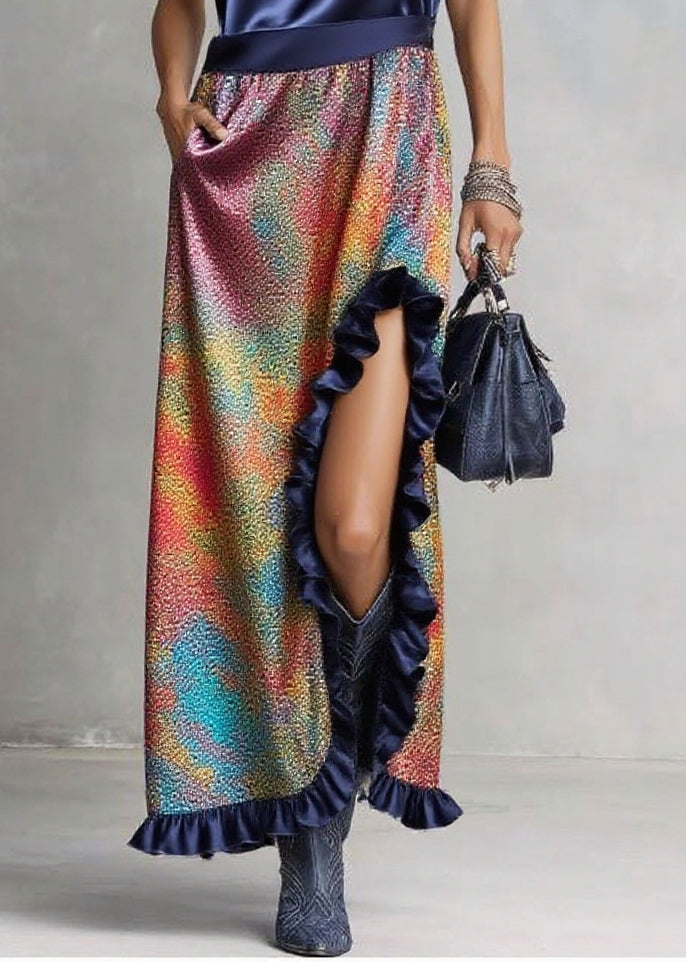 Italian Navy Ruffled Patchwork Print Silk Robe Dresses Sleeveless
