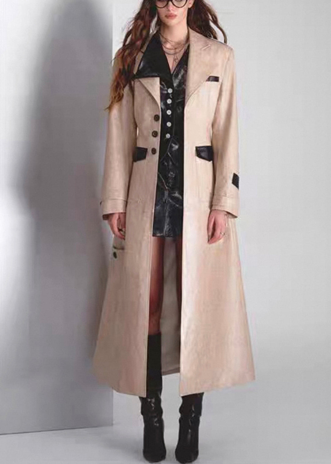 Italian Notched Button Pockets Patchwork Faux Leather Long Coats Fall
