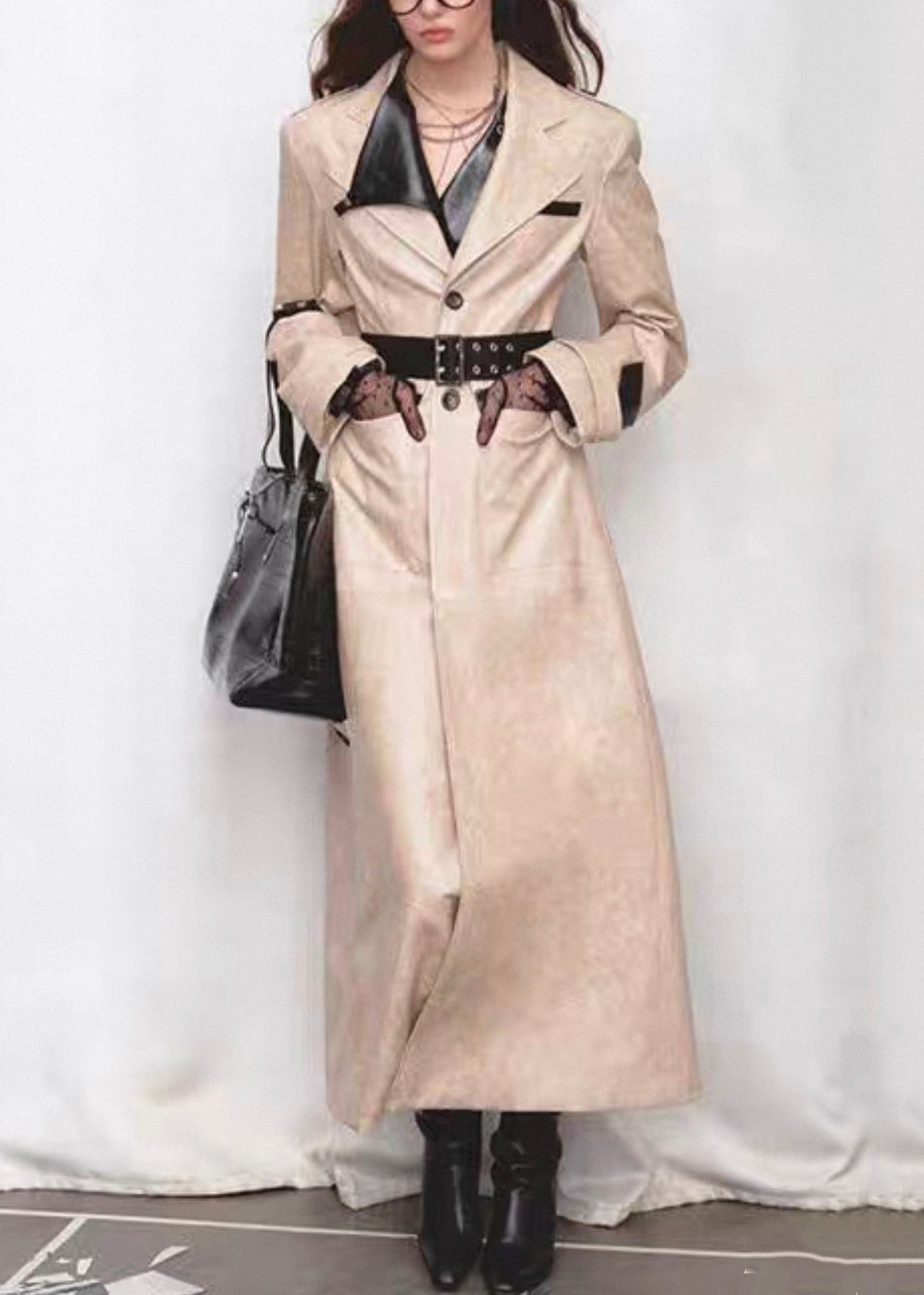 Italian Notched Button Pockets Patchwork Faux Leather Long Coats Fall