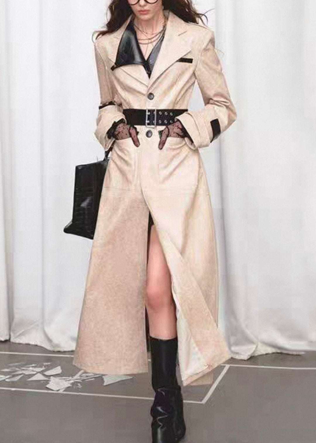 Italian Notched Button Pockets Patchwork Faux Leather Long Coats Fall