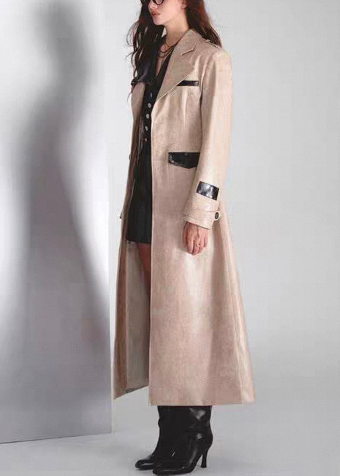 Italian Notched Button Pockets Patchwork Faux Leather Long Coats Fall