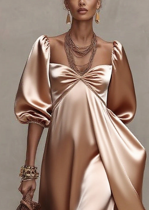 Italian Nude Exra Large Hem Draping Silk Dress Lantern Sleeve